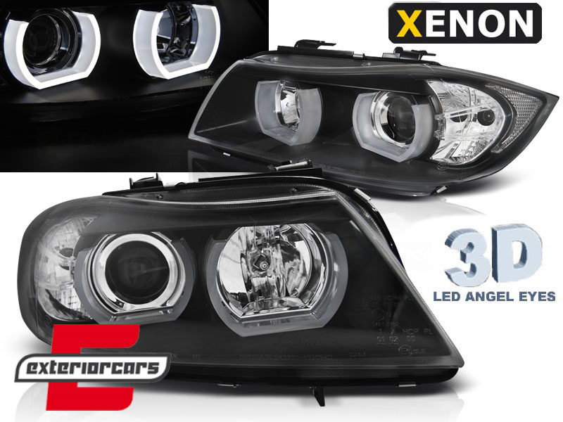 Prednja svjetla 3D LED Angel Eyes U-dizajn Xenon (crna) / BMW serije 3 E90 limuzina E91 karavan (03.2005-08.2008)