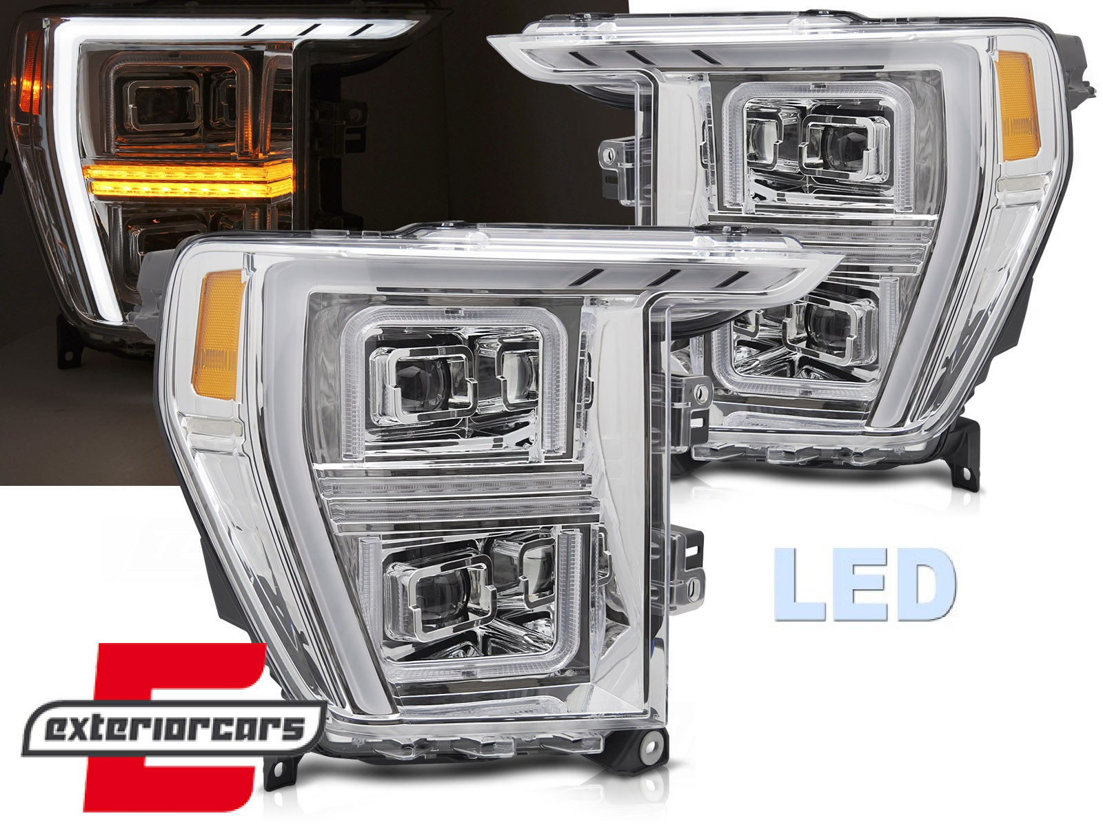 Full LED prednja svjetla SEQ žmigavci TubeLight dizajn (chrome) / FORD F150 Mk14 (2020-2023)